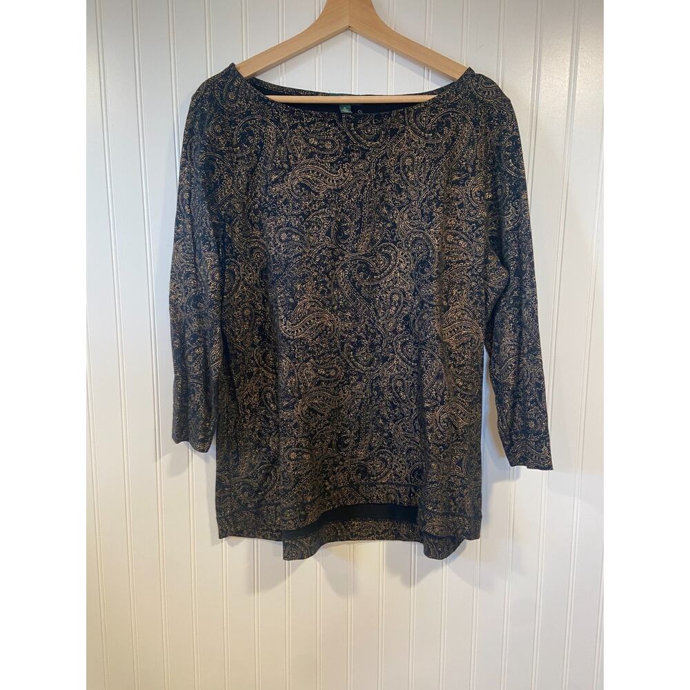Lauren Ralph Lauren Top Black Gold Metallic Paisley Size XL 3/4 Sleeve